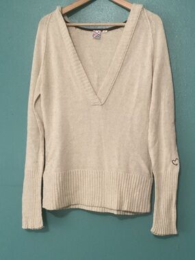 Roxy Cream V-Neck Sweater with Heart Sleeve Detail